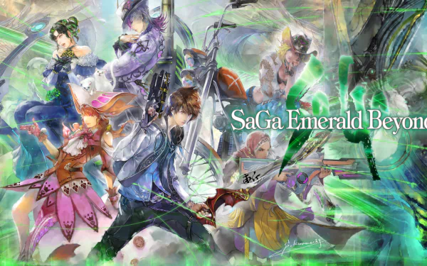 HD wallpaper featuring dynamic artwork from the video game SaGa Emerald Beyond with colorful characters in action poses.