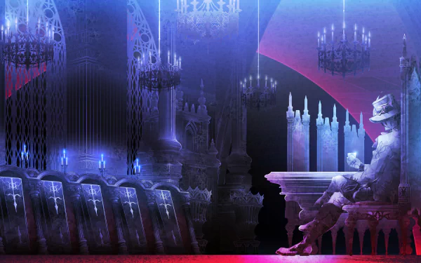 HD desktop wallpaper featuring a mysterious figure in a hat sitting amidst the gothic architecture of SaGa Emerald Beyond video game.