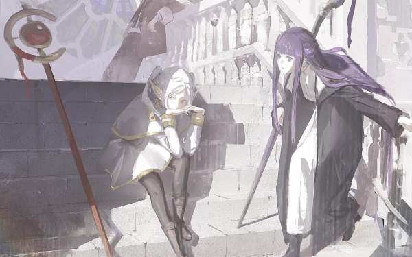 HD PC desktop wallpaper featuring anime characters Frieren, Stark, and Fern from Frieren: Beyond Journey's End in a serene, detailed setting.