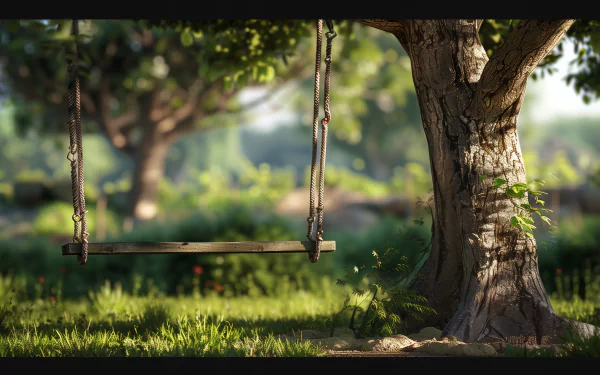HD wallpaper of a serene tree swing hanging from a sturdy tree in a sunlit grassy meadow.