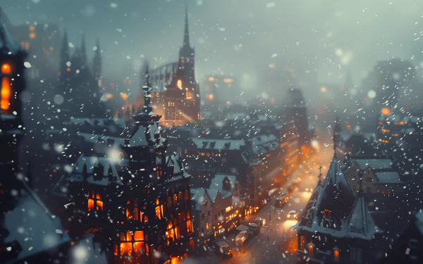 HD desktop wallpaper depicting a snowy city at twilight with illuminated streets and buildings, creating a cozy winter atmosphere.