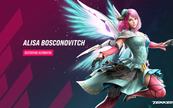 HD desktop wallpaper featuring Alisa Bosconovitch from Tekken 8, posed with dynamic wings on a vibrant pink and purple background.