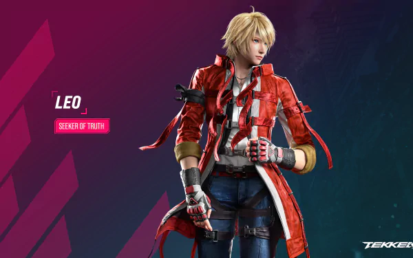 Tekken 8 HD wallpaper featuring the character Leo with the tagline 'Seeker of Truth' set against a vibrant purple and blue background.