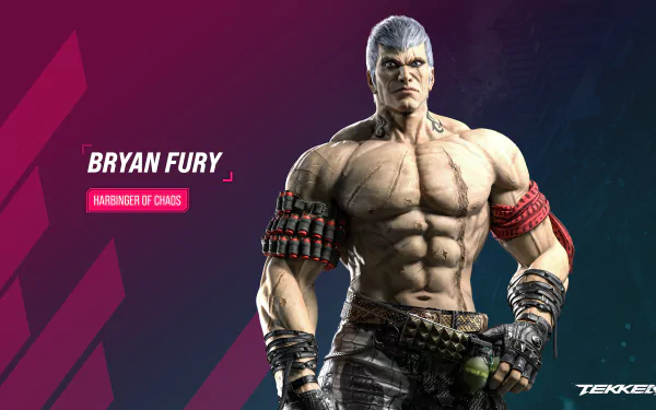 HD wallpaper featuring Bryan Fury, a character from Tekken 8, known as the Harbinger of Chaos, showcasing his powerful physique and intense presence.