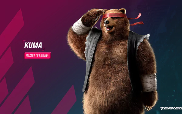 HD wallpaper featuring Kuma from Tekken 8, styled as Master of Saikyou, against a dynamic purple background.