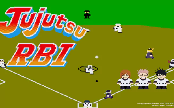 HD wallpaper featuring pixel art from the video game Jujutsu Kaisen Cursed Clash, with retro-style characters on a vibrant digital field.