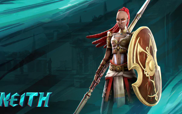 HD desktop wallpaper featuring a character from Prince of Persia: The Lost Crown video game, poised with a spear and shield against a dynamic teal background.