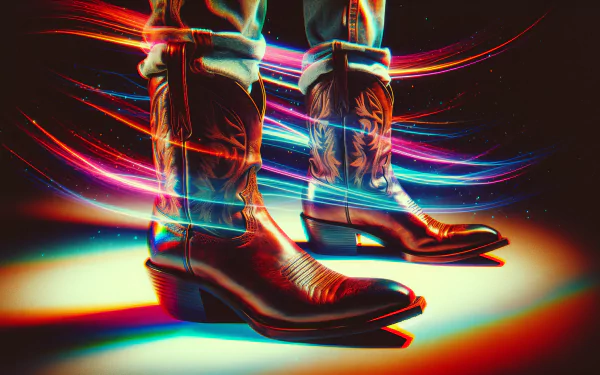 A vibrant HD desktop wallpaper featuring stylish cowboy boots, enhanced with dynamic light trails, creating a striking visual effect against a dark background.