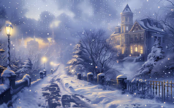 HD desktop wallpaper featuring a snowy road during a snowfall with street lamps and a Victorian house in the background, evoking a serene winter atmosphere.