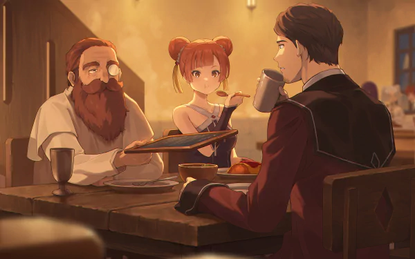 Anime HD desktop wallpaper from Frieren: Beyond Journey's End featuring characters Denken, Laufen, and Heiter sharing a warm meal together in a cozy setting.