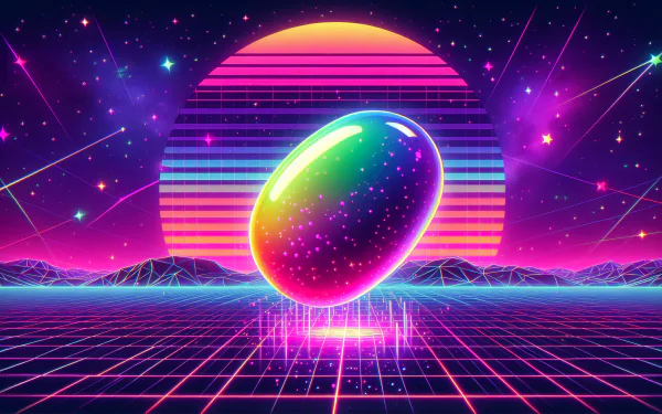 HD desktop wallpaper featuring a colorful, sparkling jelly bean shape in a retro-futuristic neon landscape with a glowing sun.