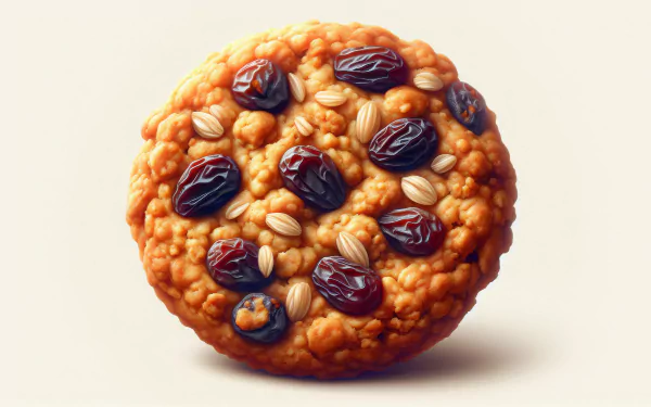 A close-up of a delicious oatmeal raisin cookie, showcasing its golden-brown color and visible raisins, designed as a high-definition desktop wallpaper.