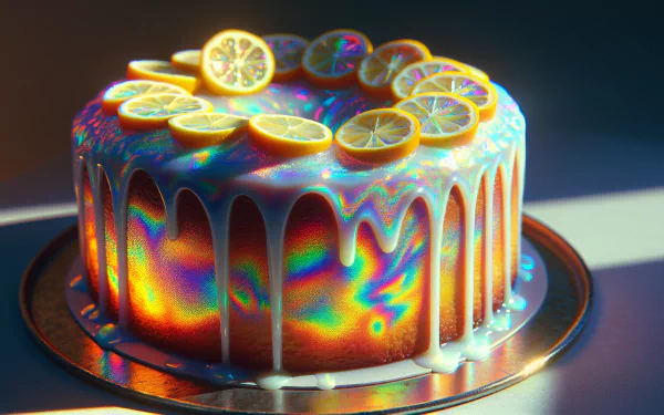 A vibrant lemon drizzle cake with glossy icing and lemon slices, illuminated in rainbow hues, serves as a stunning HD desktop wallpaper and background.