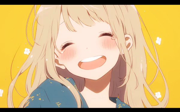 Happy anime girl smiling on a sunny yellow background, HD desktop wallpaper and background.