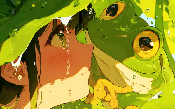 Anime girl with frog HD wallpaper, close-up illustration with vibrant colors for desktop background.
