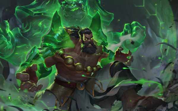 HD desktop wallpaper featuring the character Udyr from League of Legends, surrounded by dynamic green energy.