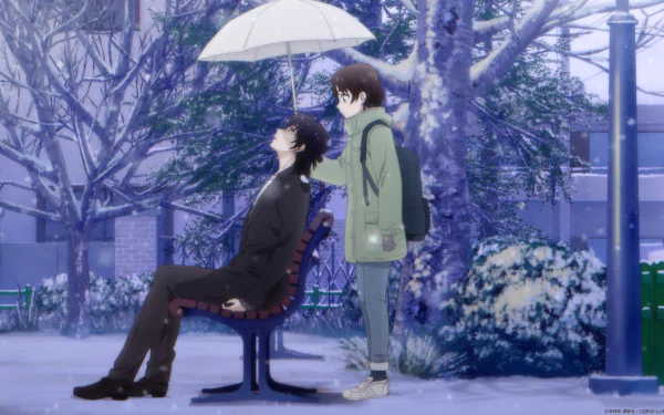 HD Anime wallpaper featuring Saki Hananoi and Hotaru Hinase from 'A Condition Called Love', depicting a tender moment in a snowy setting with one character seated on a bench and the other standing, sharing an umbrella.