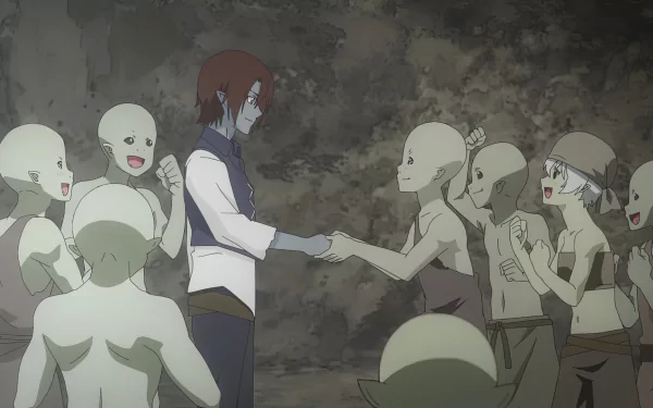 HD wallpaper of a scene from Re:Monster anime featuring a character interacting with a group of goblin-like creatures in a cave setting.