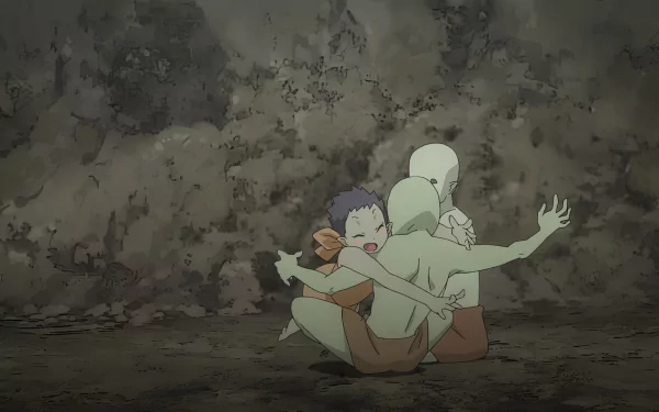 Re:Monster anime HD desktop wallpaper featuring characters in an intense embrace, set against a rugged backdrop.