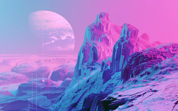 A stunning vaporwave landscape featuring vibrant pink and blue hues, dramatic rocky formations, and a distant planet, creating a captivating HD desktop wallpaper backdrop.