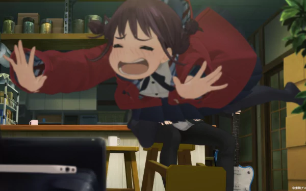 Animated character from Girls Band Cry in a dynamic HD desktop wallpaper, featuring an expressive girl tripping over in an office setting.