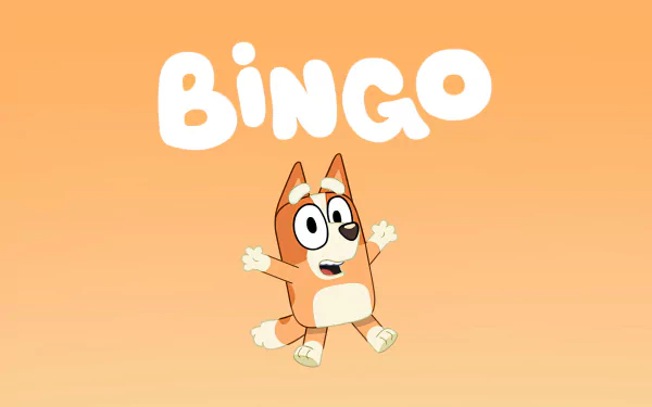 HD desktop wallpaper featuring Bingo from the TV show Bluey on a peach-colored background with the word 'Bingo' displayed above.