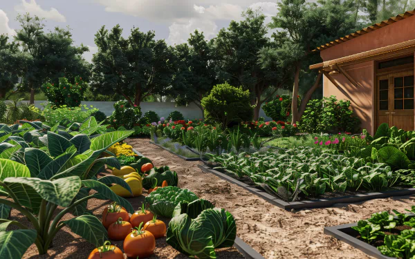 A vibrant vegetable garden bursting with fresh produce, including tomatoes and leafy greens, set against a charming house and lush greenery. Perfect HD wallpaper for garden enthusiasts.