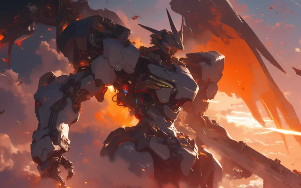 A stunning HD anime wallpaper featuring a powerful Gundam mech against a dramatic sunset backdrop, showcasing intricate details and vibrant colors.