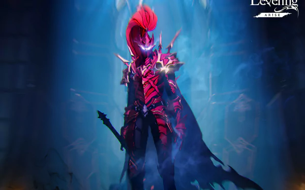 Video game HD PC wallpaper of Igris from Solo Leveling: ARISE — armored red spectral warrior with glowing purple eyes and sword, standing in blue-lit ruins.