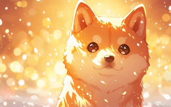 HD desktop wallpaper featuring a cute, kawaii-style puppy with a warm, sparkling background.