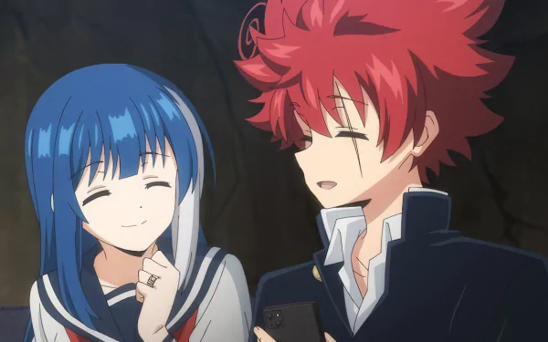 HD wallpaper featuring characters from the anime Mission: Yozakura Family with a smiling girl with blue hair and a boy with red hair looking to the side.