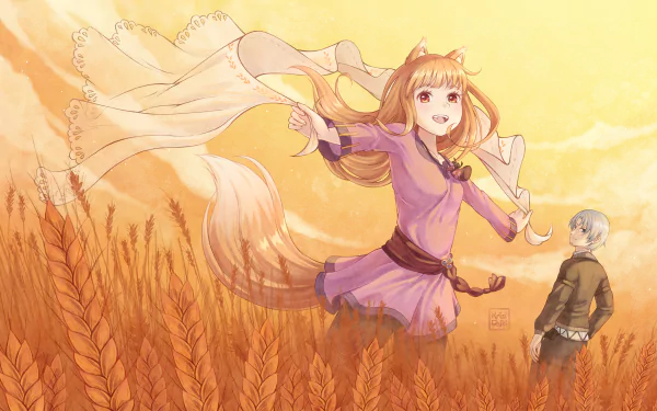HD anime wallpaper featuring Holo and Kraft Lawrence from Spice and Wolf: Merchant Meets the Wise Wolf, set in a golden wheat field with warm sunlight.