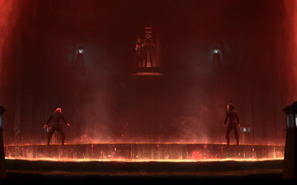 HD wallpaper featuring a dramatic scene from Star Wars: Tales of the Empire, showcasing silhouettes of characters against a backdrop of red-lit mist and a fiery platform.