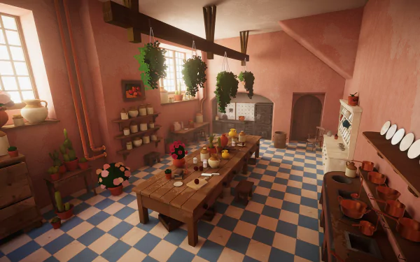 HD desktop wallpaper featuring a cozy interior from 'Botany Manor' video game with plants and rustic decor.