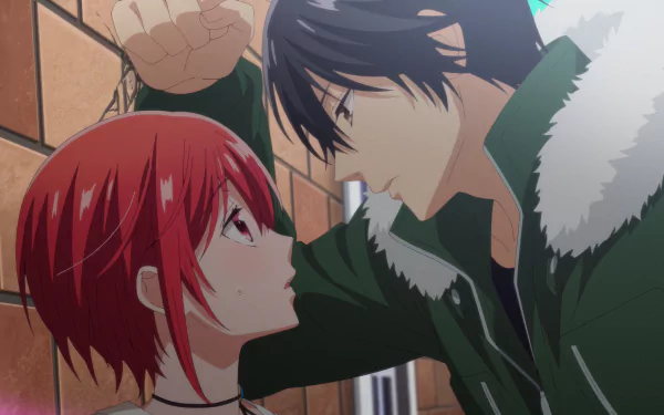 HD anime wallpaper featuring characters from Vampire Dormitory looking at each other with a background of a brick wall, capturing a dramatic moment for a desktop background.