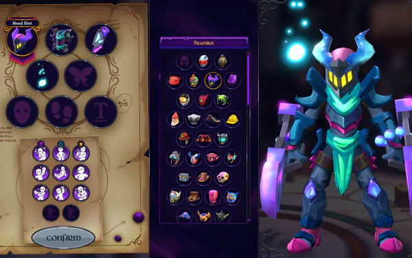 HD wallpaper featuring gameplay elements from Inkbound video game, showcasing skill tree and character inventory interfaces alongside a vividly colored armored character model.