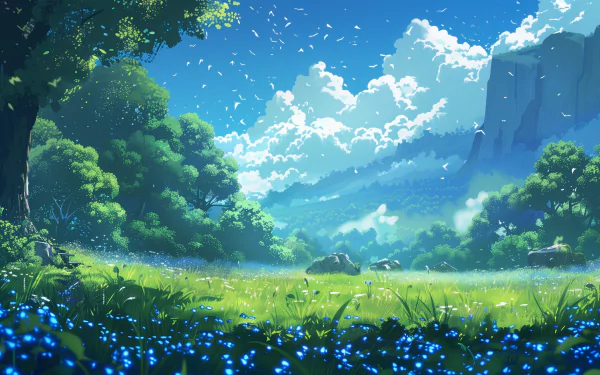 Vibrant pixel art meadow scene, perfect HD desktop wallpaper and background.