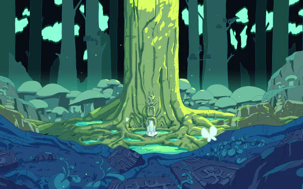 HD desktop wallpaper of a mystical forest scene from the video game Let's! Revolution!, featuring a large, glowing tree at the center surrounded by oversized mushrooms and a magical, blue-tinged environment.