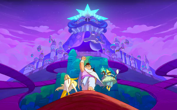 HD wallpaper with a vibrant illustration from the video game Let's! Revolution!, featuring animated characters posing heroically against a stylized purple and pink fantasy castle backdrop.