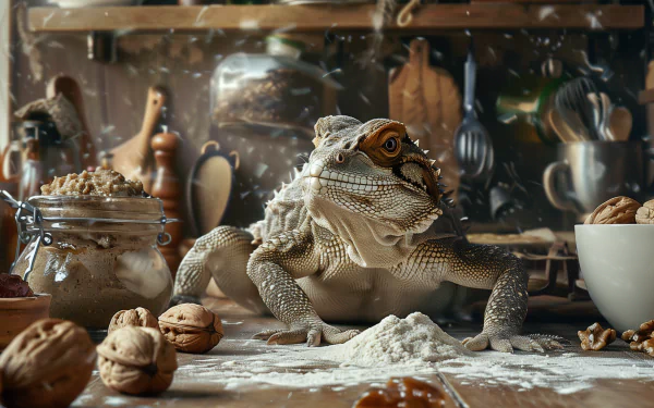 A creative desktop wallpaper featuring a lifelike lizard amidst cooking ingredients like walnuts, flour, and jam on a kitchen counter.