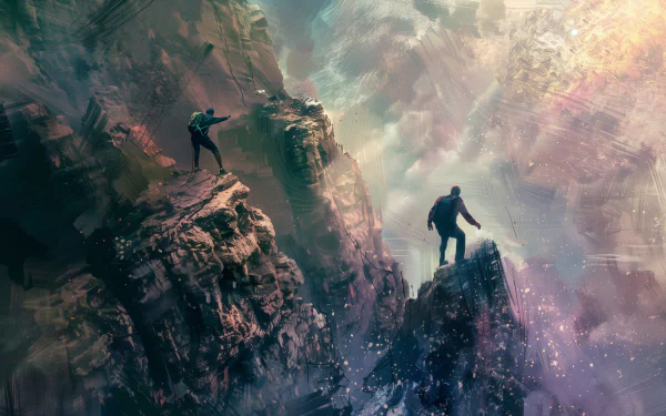 HD desktop wallpaper featuring two climbers navigating across a dramatic, abstract cliff face that blends fantastical colors and textures, highlighting a sense of danger and adventure.