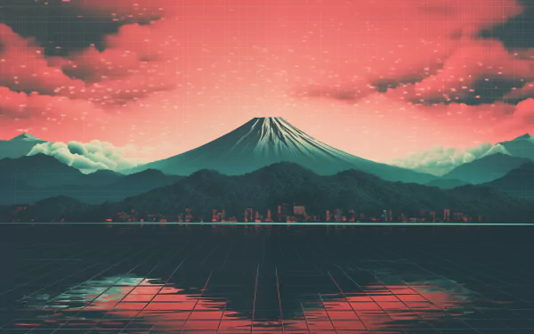HD desktop wallpaper featuring a stylized rendering of Mount Fuji in Japan with a vibrant pink and teal color scheme, showcasing the iconic mountain against a backdrop of clouds and a reflective foreground.
