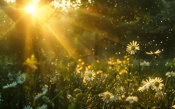 HD desktop wallpaper of a sunny day with sunbeams shining through a field of daisies, creating a warm and vibrant background.