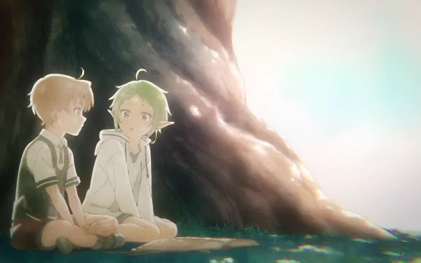 4K Ultra HD anime wallpaper of young Rudeus Greyrat and Sylphiette sitting at a tree's water edge, bathed in soft sunlight — Mushoku Tensei: Jobless Reincarnation.