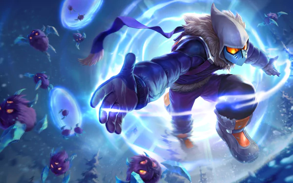HD desktop wallpaper featuring the League of Legends character Malzahar, surrounded by purple energy and floating minions.