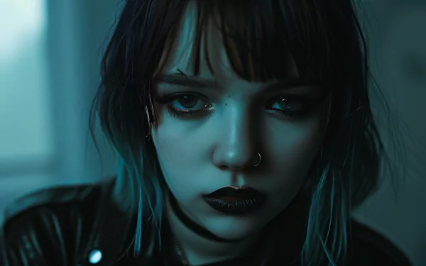 A high-definition desktop wallpaper featuring a woman with an emo gothic style, highlighted by dim blue lighting that accentuates her dark makeup and pierced nose.