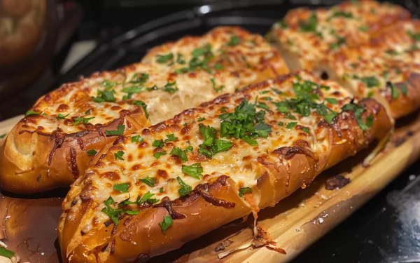 HD desktop wallpaper of delicious-looking garlic bread topped with melted cheese and chopped herbs, served on a wooden board.