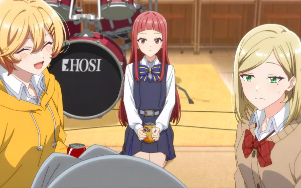 HD anime wallpaper from Whisper Me a Love Song featuring three characters - one smiling broadly, another with a neutral expression, and a third looking pensive, with a drum set labeled 'EHOSI' in the background.