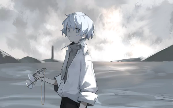 HD wallpaper of an anime character from The New Gate standing in a desolate landscape with cloudy skies in the background.