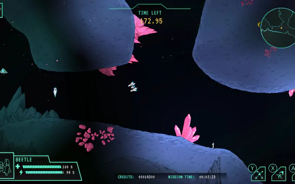 HD desktop wallpaper of the video game Lunar Lander: Beyond showing a spacecraft navigating between rocky terrain with a timer at the top and game interface elements at the bottom.